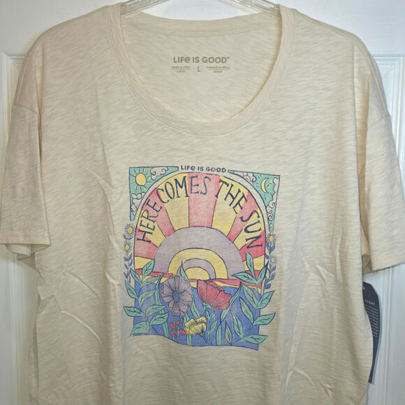 Life is Good Relaxed Tee Sunshine Womens Sz Large XL Cream Flowers Hippie Slub - Picture 5 of 13